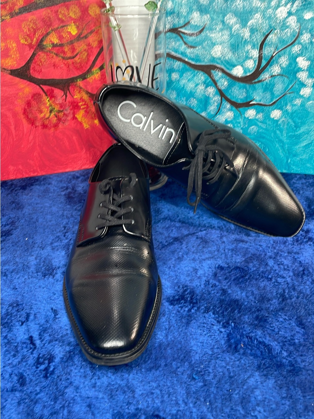 Calvin Klein Men's Black Leather Lace-Up Oxfords, size 9.5 men’s,(pre-owned).